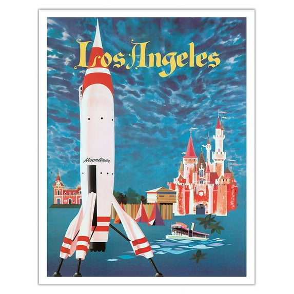 Los Angeles California - Disneyland Moonliner Rocketship - Vintage Travel Poster by David Klein c.1955 - Fine Art Matte Paper Print (Unframed) 11x14in