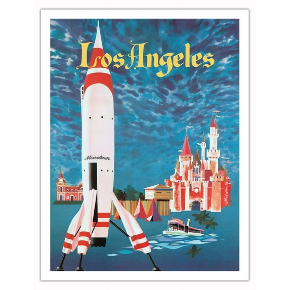 Los Angeles California - Disneyland Moonliner Rocketship - Vintage Travel Poster by David Klein c.1955 - Fine Art Matte Paper Print (Unframed) 20x26in