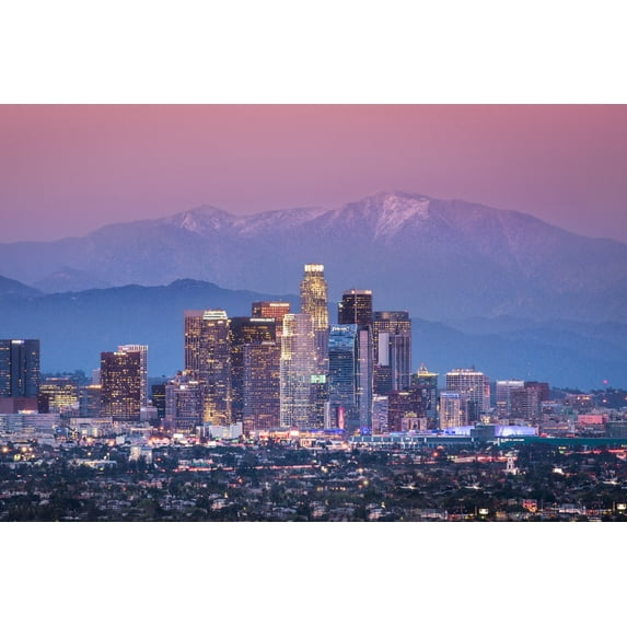 Los Angeles, California, Downtown and Mount Baldy (36x54 Giclee Gallery Art Print, Vivid Textured Wall Decor)