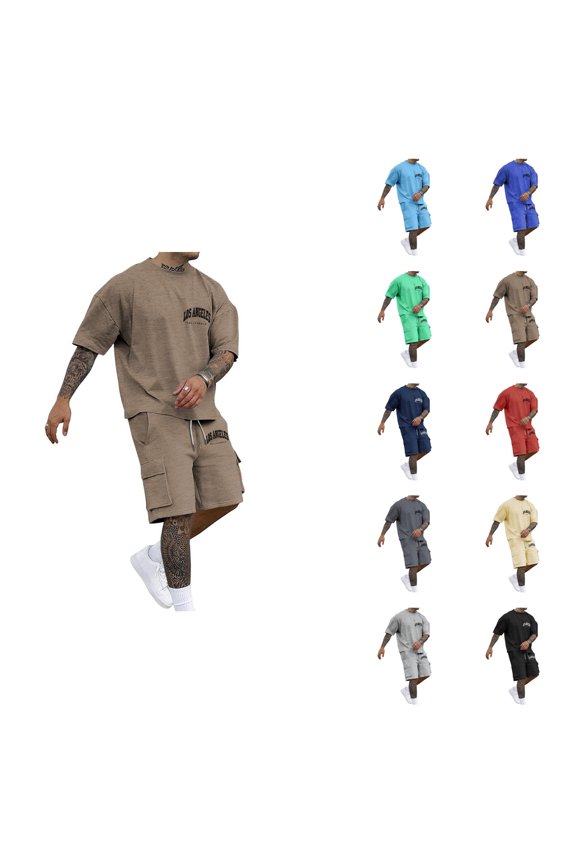 Los Angeles California Graphic Short Sets for Men Summer Casual Crewneck T Shirt and Shorts 2 Piece Matching Set