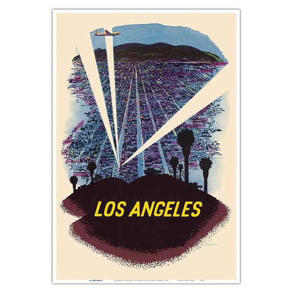 Los Angeles California - Hollywood - Vintage Airline Travel Poster by Fred Ludekens c.1948 - Master Art Print (Unframed) 13in x 19in