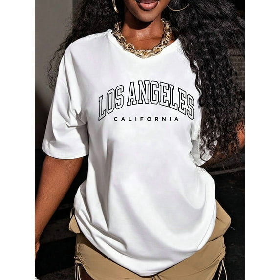 Los Angeles California Inspired Women Loose Fit Round Neck Casual Letter Graphic Print T-Shirt