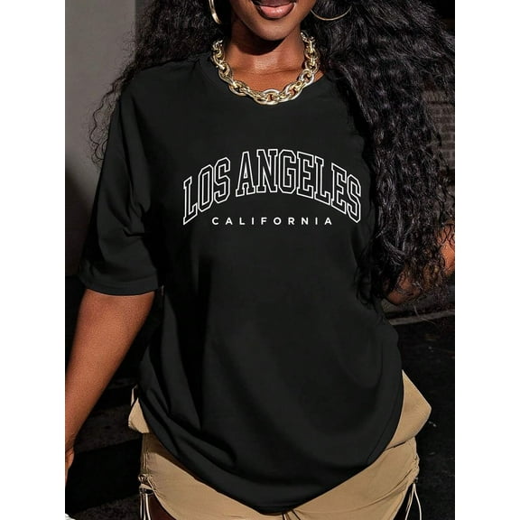 Los Angeles, California Inspired Women Loose Round Neck Casual Letter Graphic Print T-Shirt