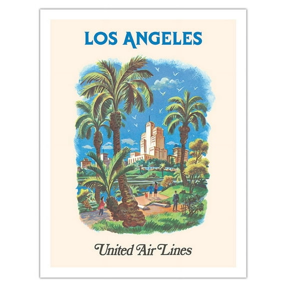 Los Angeles California - MacArthur Park Lake - United Air Lines - Vintage Airline Travel Poster by Joseph Fehér c.1960s - Fine Art Matte Paper Print (Unframed) 20x26in