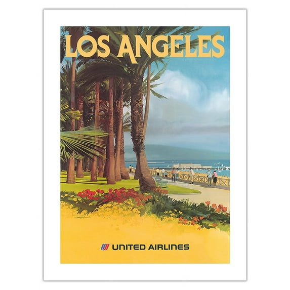Los Angeles California - Santa Monica State Beach - United Air Lines - Vintage Airline Travel Poster by Tom Hoyne c.1970s - Bamboo Fine Art 290gsm Paper Print (Unframed) 18x24in