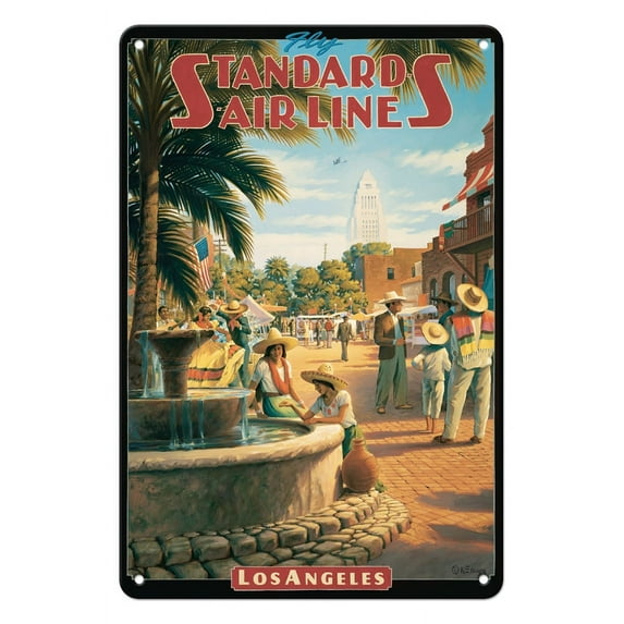 Los Angeles California - Standard Air Lines - Olvera Street (Birthplace of Los Angeles) - Vintage Airline Travel Poster by Kerne Erickson - 8 x 12 inch Vintage Metal Tin Sign