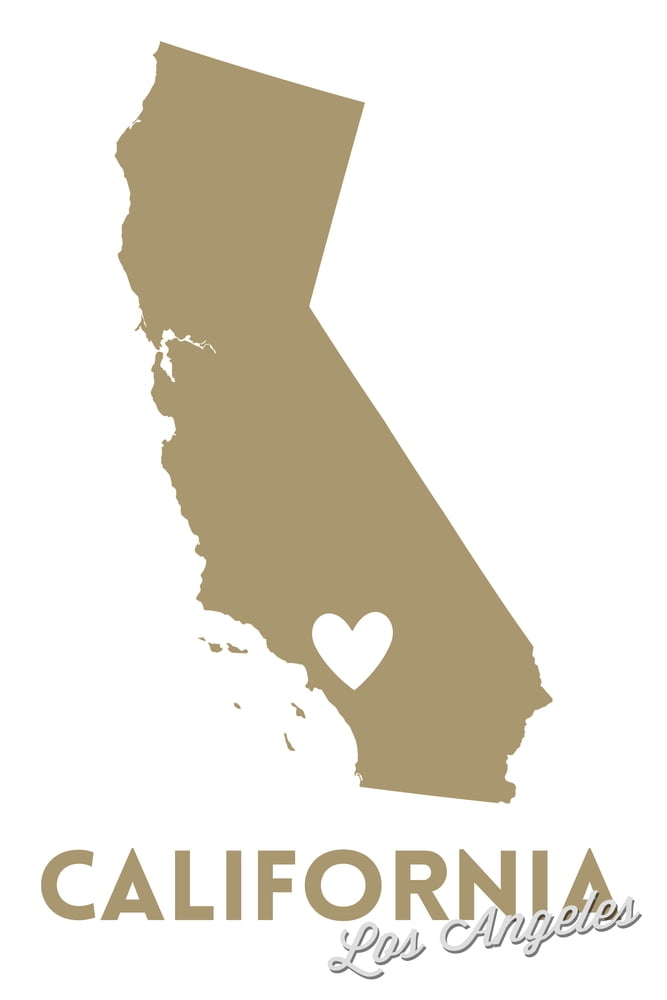 Los Angeles, California, State Outline and Heart (Gold) (9x12 Wall Art