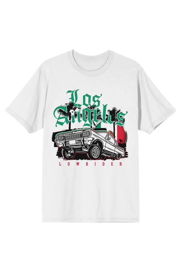 White Car Silhouette w/ Los Angeles Green Lettering and Palm Trees on White Short Sleeve Adult T-Shirt-XS