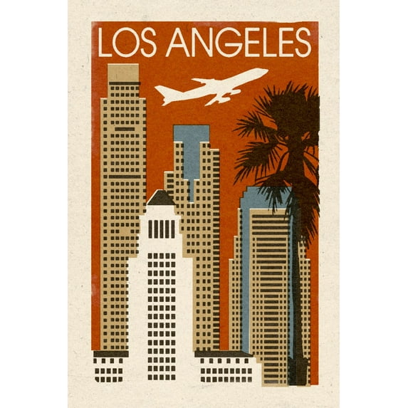 Los Angeles, California, Woodblock (24x36 Giclee Gallery Art Print, Vivid Textured Wall Decor)