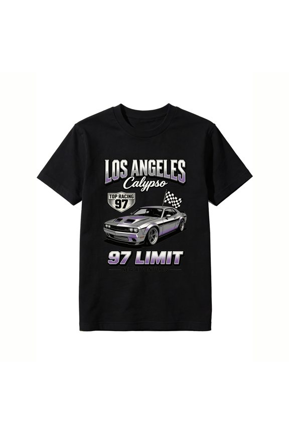 Los Angeles Calypso Racing T-Shirt, 97 Limit Top Racing Silver Muscle Car Graphic Tee, New Adventures Modern Muscle Design, Retro LA Street Racing Style Apparel for Men, Black