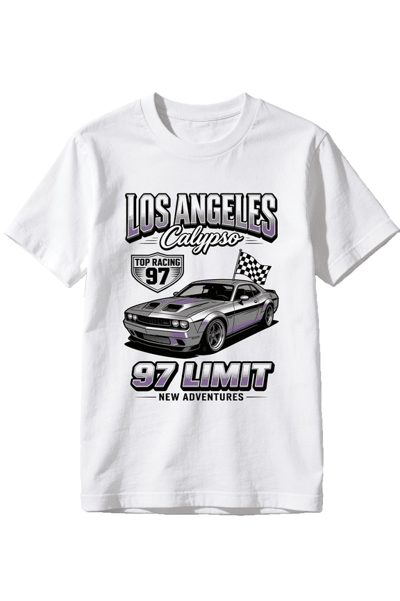 Los Angeles Calypso Racing T-Shirt, 97 Limit Top Racing Silver Muscle Car Graphic Tee, New Adventures Modern Muscle Design, Retro LA Street Racing Style Apparel for Men, White