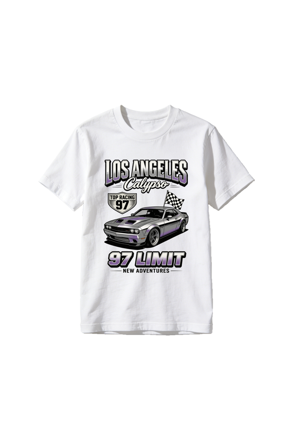 Los Angeles Calypso Racing T-Shirt, 97 Limit Top Racing Silver Muscle Car Graphic Tee, New Adventures Modern Muscle Design, Retro LA Street Racing Style Apparel for Men, White