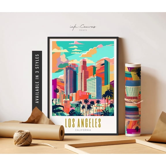 Los Angeles City Print Los Angeles Skyline SoCal Art Los Angeles Wall Art Retro Travel LA Travel Art, Unframed Poster Size 24x36