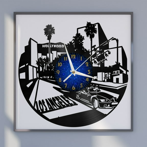 Los Angeles City View 12 Inch Vinyl Record Wall Clock - Silent, Creative, and Unique Clock for Living Room, Entryway, or Bedroom Decor - Perfect Gift Idea(12 inchs B without LED)