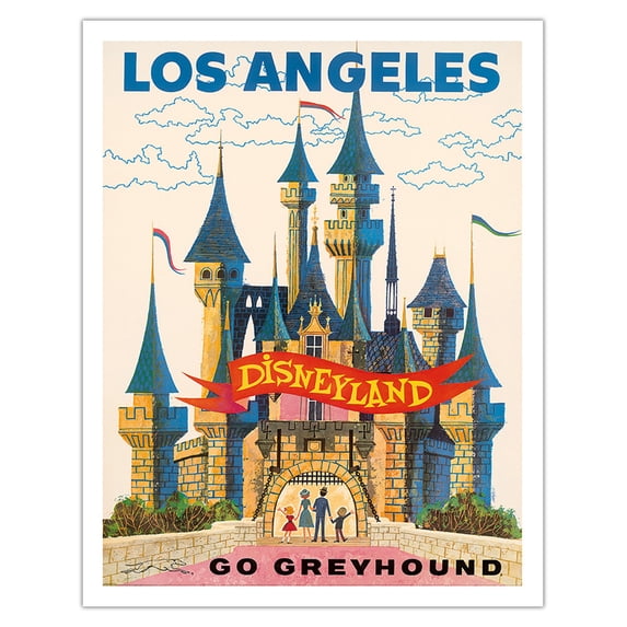 Los Angeles - Disneyland - Go Greyhound (Greyhound Bus Lines) California - Vintage Travel Poster c.1950s - Fine Art Matte Paper Print (Unframed) 11x14in