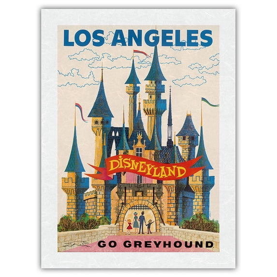 Los Angeles - Disneyland - Go Greyhound (Greyhound Bus Lines) California - Vintage Travel Poster c.1950s - Japanese Unryu Rice Paper Art Print 24 x 32 in
