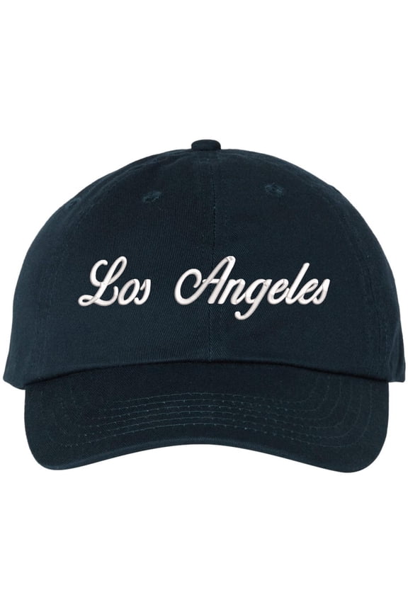 Los Angeles Embroidered Baseball Cap | Classic Script Logo Adjustable Dad Hat | 100% Cotton Unisex Headwear (NavyBlue)