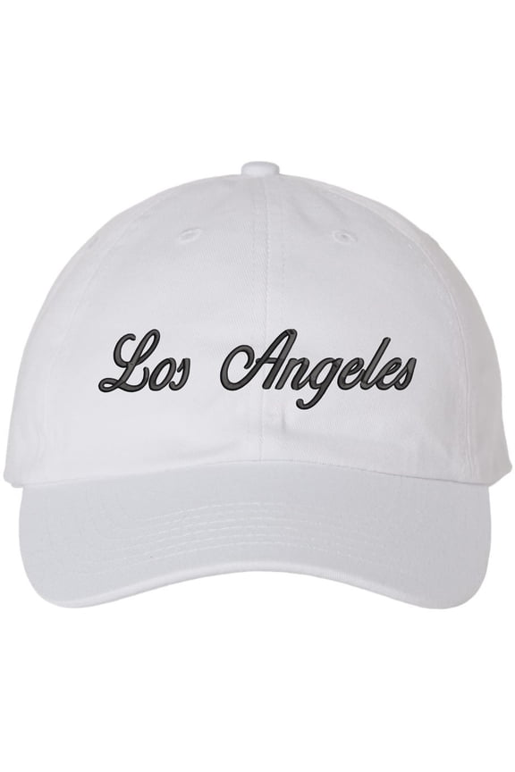 Los Angeles Embroidered Baseball Cap | Classic Script Logo Adjustable Dad Hat | 100% Cotton Unisex Headwear (White)