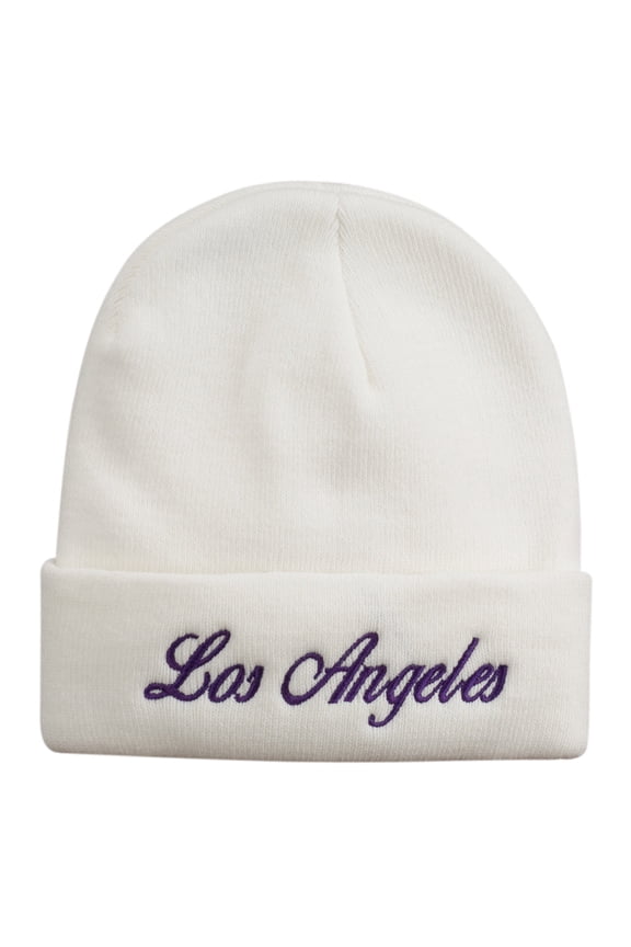 Los Angeles Embroidered Long Cuff Beanie - White OSFM