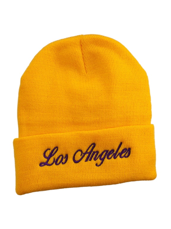 Los Angeles Embroidered Long Cuff Beanie - Yellow OSFM