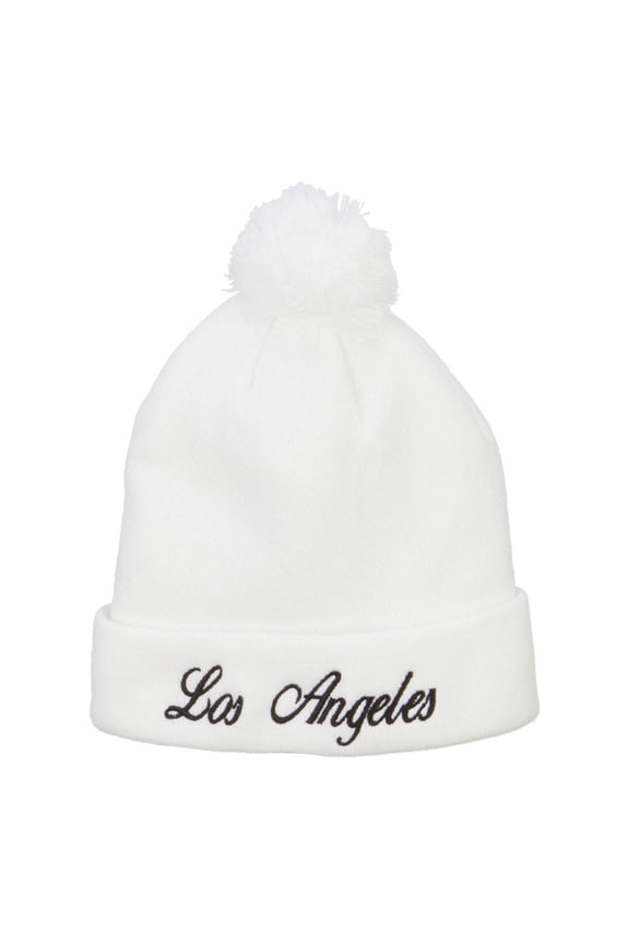 Los Angeles Embroidered Pom Cuff Beanie - White OSFM