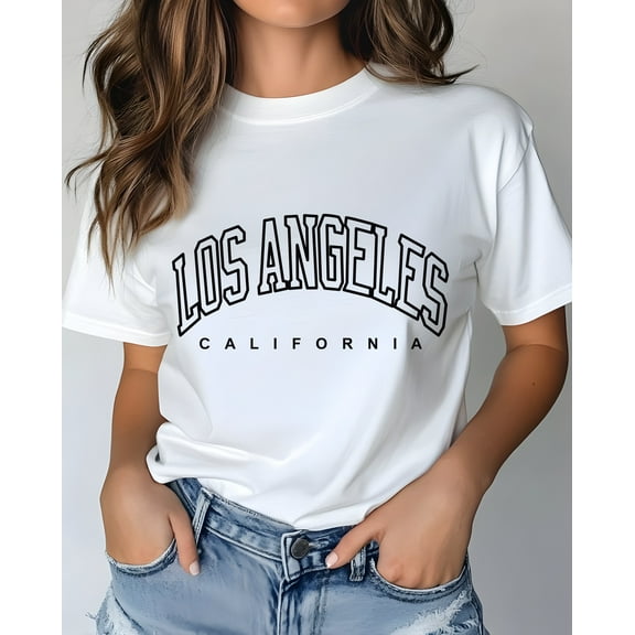 Los Angeles Graphic Print T-Shirt For Women Casual Short Sleeve Tee 1 Pcs 100% Heavy Cotton - Comfortable Crew Neck, Soft Adorable Tees Tops