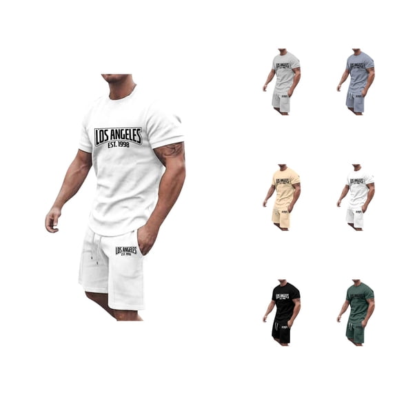 Los Angeles Graphic Short Sets for Men Relaxed Fit Crewneck T Shirt and Shorts 2 Piece Matching Set Mens Summer Outfits