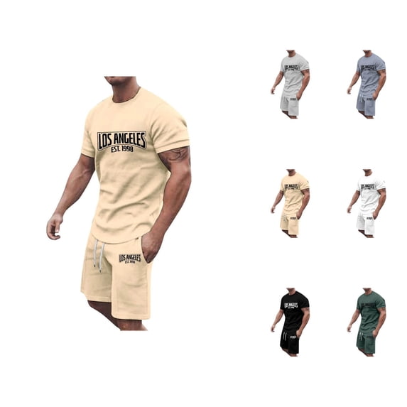 Los Angeles Graphic Short Sets for Men Relaxed Fit Crewneck T Shirt and Shorts 2 Piece Matching Set Mens Summer Outfits