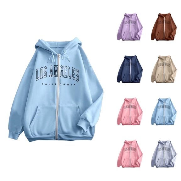 Womens Hoodies Womens Fall Fashion 2025 Women's Fashionable Letter Printed Zipper Long Sleeved Pocket Drawstring Casual Sports Hoodie (7) Blue - M