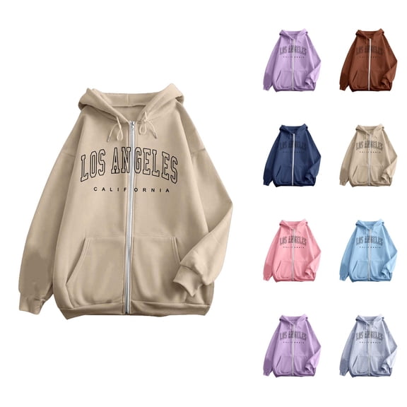 Los Angeles Hoodie Long Sleeve Zip Up Hooded Sweatshirt with Pockets Trendy Streetwear Pullover Hoodies for Women