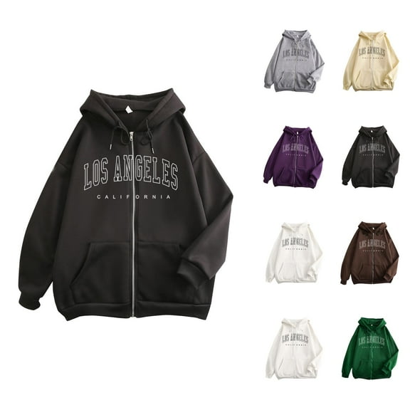 Los Angeles Hoodies for Women 2025 Long Sleeve Y2K Graphic Zip Up Hoodie with Pockets Hooded Sweatshirt Women Jacket