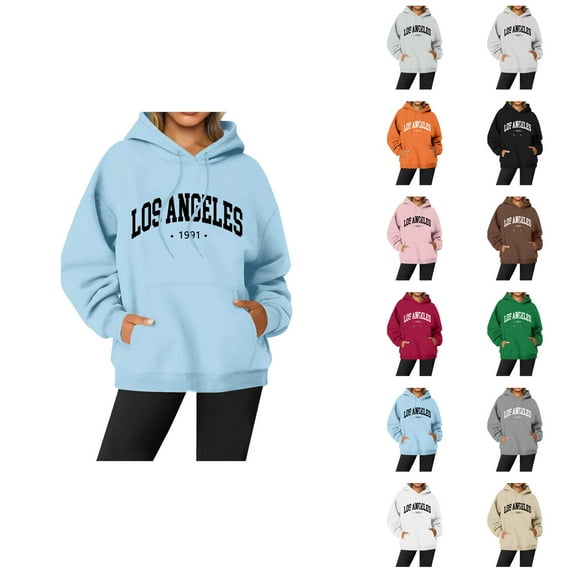 Los Angeles Hoodies for Women Fall Winter Long Sleeve Graphic Hooded Sweatshirt with Pockets Streetwear Pullover Tops