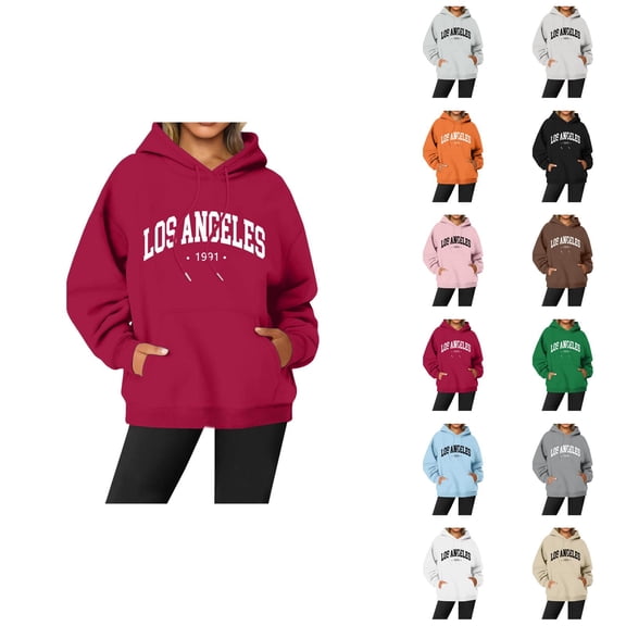 Los Angeles Hoodies for Women Fall Winter Long Sleeve Graphic Hooded Sweatshirt with Pockets Streetwear Pullover Tops