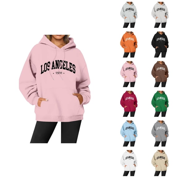 Los Angeles Hoodies for Women Fall Winter Long Sleeve Graphic Hooded Sweatshirt with Pockets Streetwear Pullover Tops