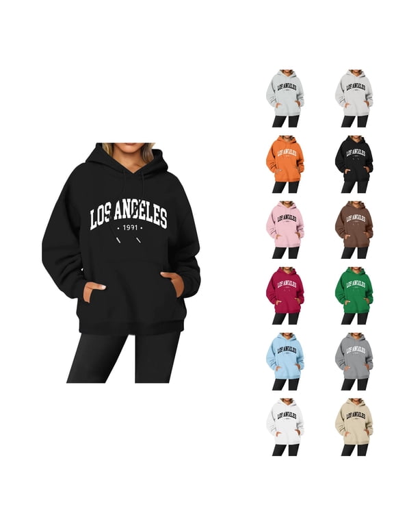 Los Angeles Hoodies for Women Fall Winter Long Sleeve Graphic Hooded Sweatshirt with Pockets Streetwear Pullover Tops