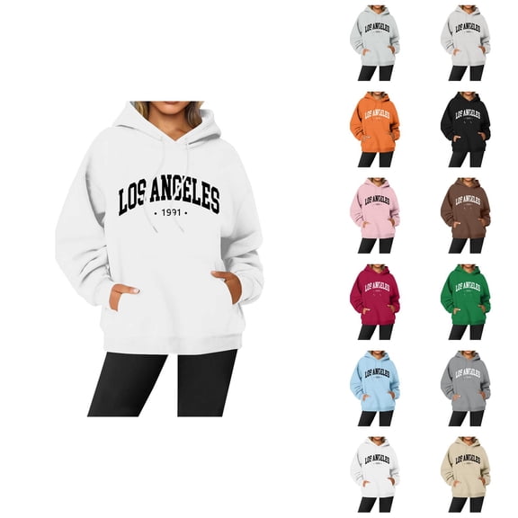 Los Angeles Hoodies for Women Fall Winter Long Sleeve Graphic Hooded Sweatshirt with Pockets Streetwear Pullover Tops
