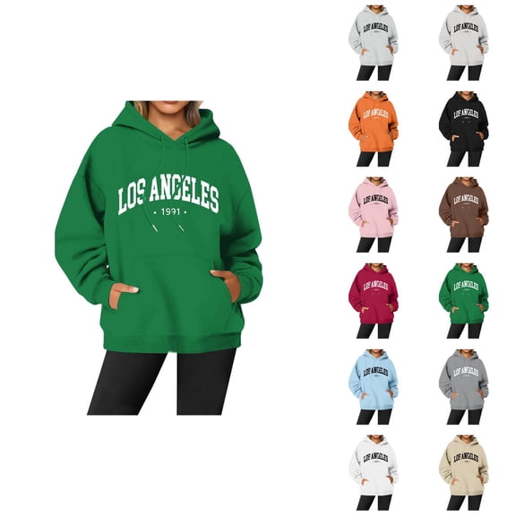 Los Angeles Hoodies for Women Fall Winter Long Sleeve Graphic Hooded Sweatshirt with Pockets Streetwear Pullover Tops