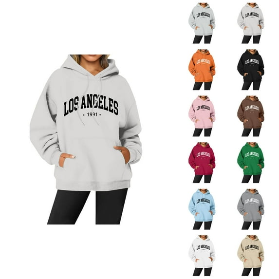 Los Angeles Hoodies for Women Fall Winter Long Sleeve Graphic Hooded Sweatshirt with Pockets Streetwear Pullover Tops