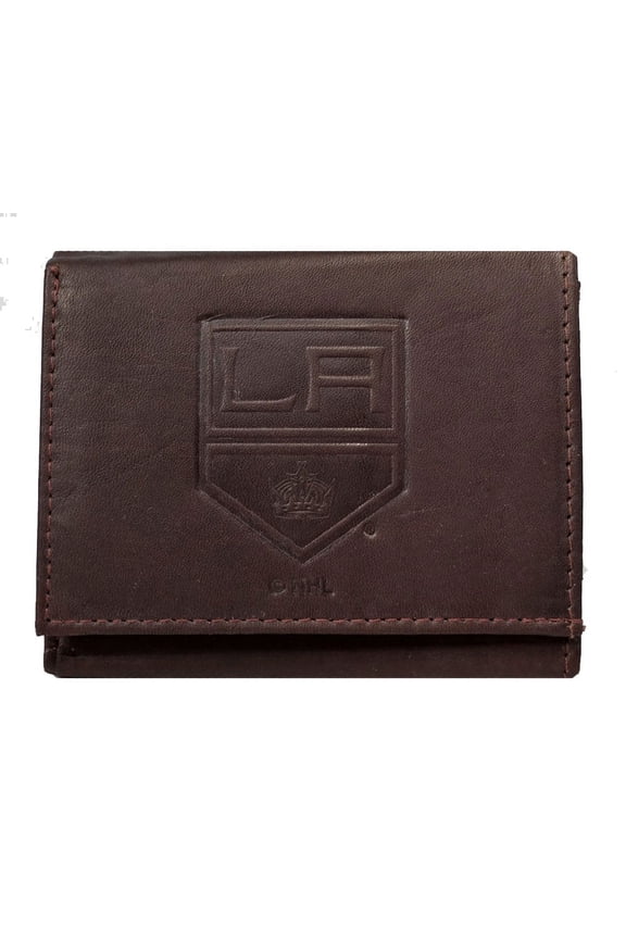 Los Angeles LA Hockey Kings - Distressed Look - Embossed Logo Dark Brown Leather Trifold Wallet