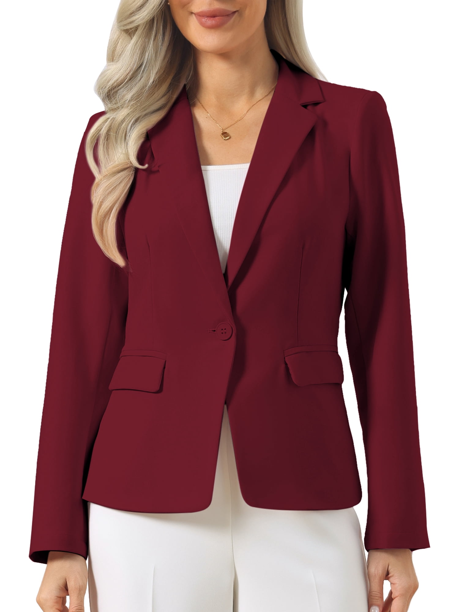 DARING DIVA Women's Lapel Collar Long Sleeve Suit Blazer Jacket S Dark Red