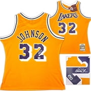Los Angeles Lakers Magic Johnson Autographed Yellow Authentic Mitchell & Ness 1984-85 Hardwood Classic Swingman Jersey Size XL Beckett BAS Witness Stock #256710