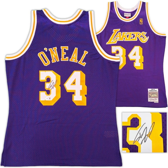 Los Angeles Lakers Shaquille Shaq O'Neal Autographed Purple Authentic Mitchell & Ness 1996-97 HWC Swingman Jersey Size L Beckett BAS Witness 235513