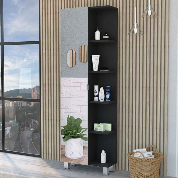 Los Angeles Linen Cabinet, Mirror, Five Shelves