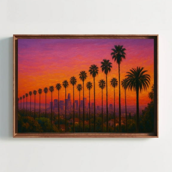 Los Angeles Palm Trees Sunset Canvas Print California Cityscape Painting Urban Skyline Wall Decor Vibrant La Art For Home Or Office, Unframed Canvas Size 8x12