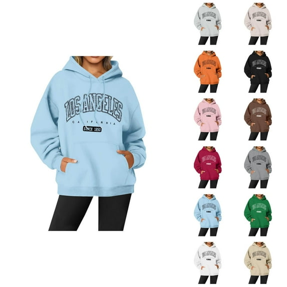 Los Angeles Pullover Hoodies for Women Fall Winter Long Sleeve Graphic Hooded Sweatshirt with Pockets Pullover Tops