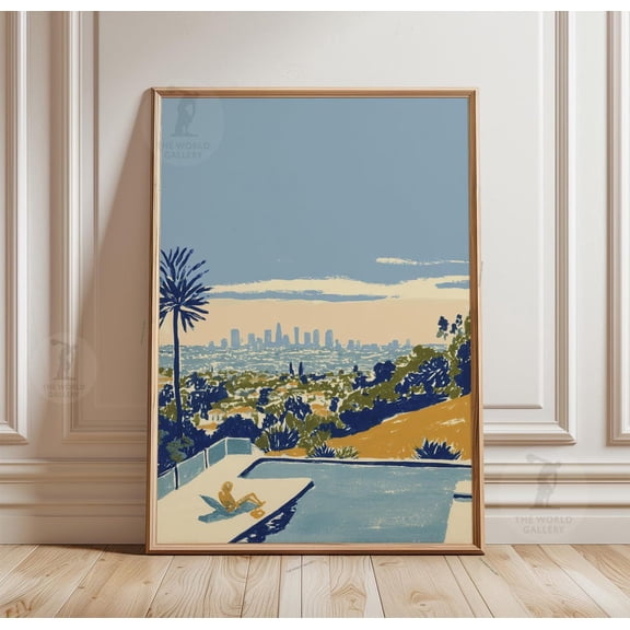 Los Angeles Skyline Pool View Mid Century Modern California Hills Art, Unframed Poster
