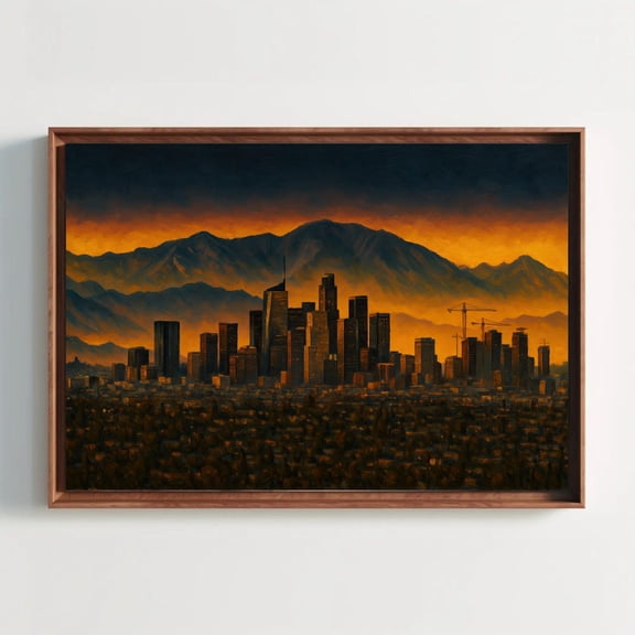 Los Angeles Skyline Sunset Canvas Print, Dramatic Cityscape Painting, Urban Skyline Wall Art, Vibrant Evening Glow Modern Home Decor, Unframed Poster Size 24x36