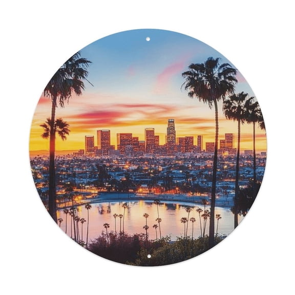 Los Angeles Skyline Sunset7.9x7.9in Round Aluminum Plaque Wall Art, UV Printed Vintage Metal Sign with Pre-Drilled Holes for Home Bar Garage Cafe Decor