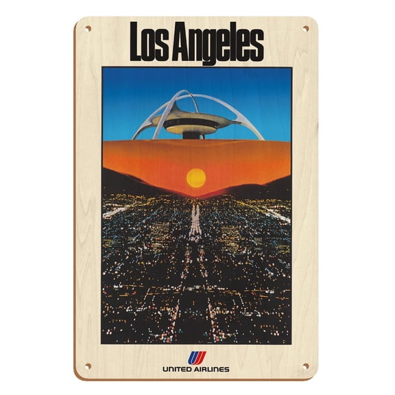 Los Angeles - United Air Lines - LAX Theme Building - Vintage Airline Travel Poster by Pete Turner c.1979 - 8 x 12 inch Vintage Wood Art Sign