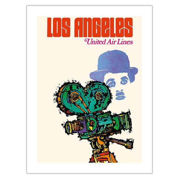Los Angeles - United Airlines - Charlie Chaplin with Movie Camera - Vintage Airline Travel Poster by James Jebavy c.1967 - Bamboo Fine Art 290gsm Paper Print (Unframed) 18x24in